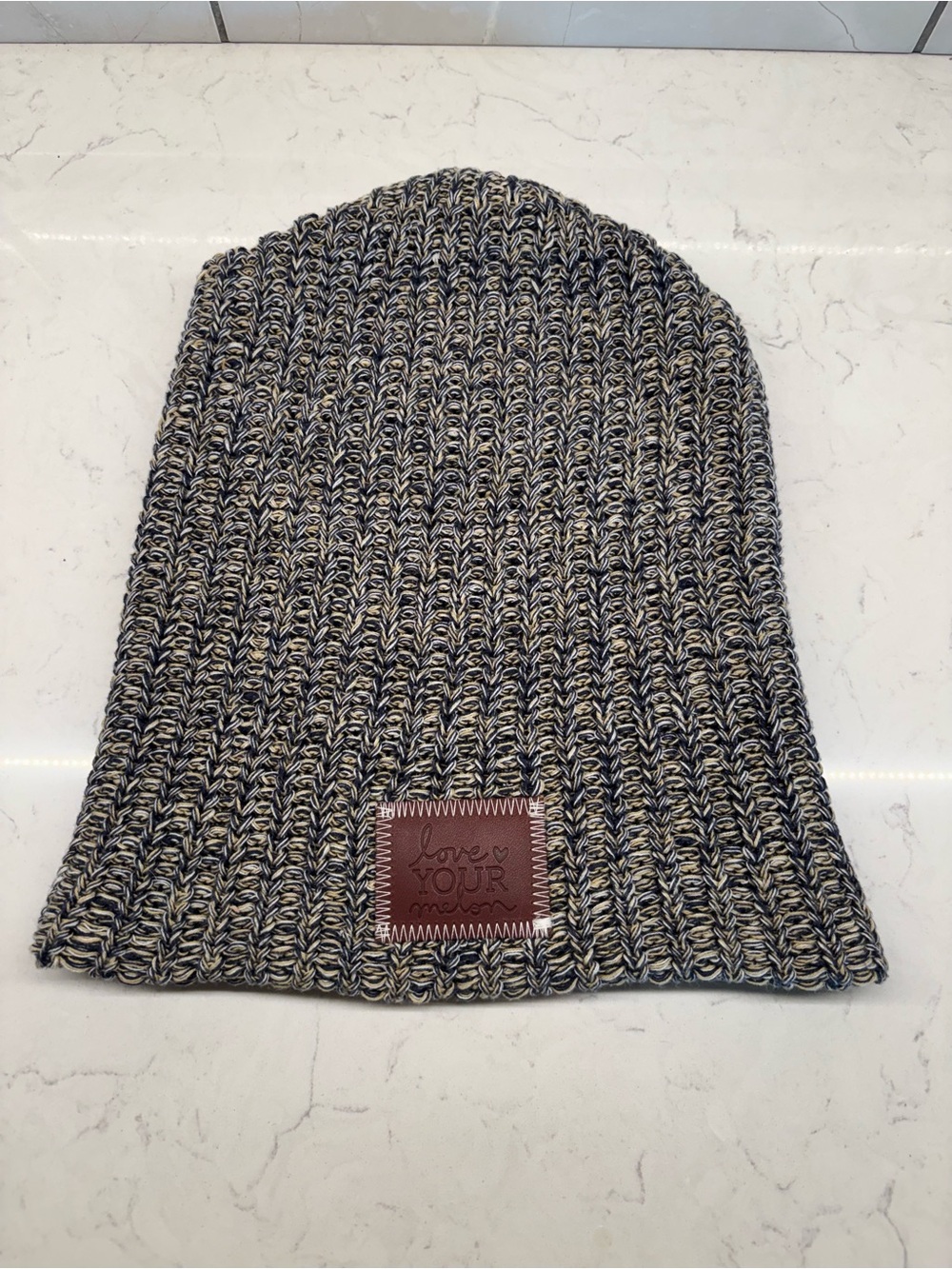 LOVE YOUR MELON Cotton Knit Beanie in Blue, Tan, & White with Logo Patch